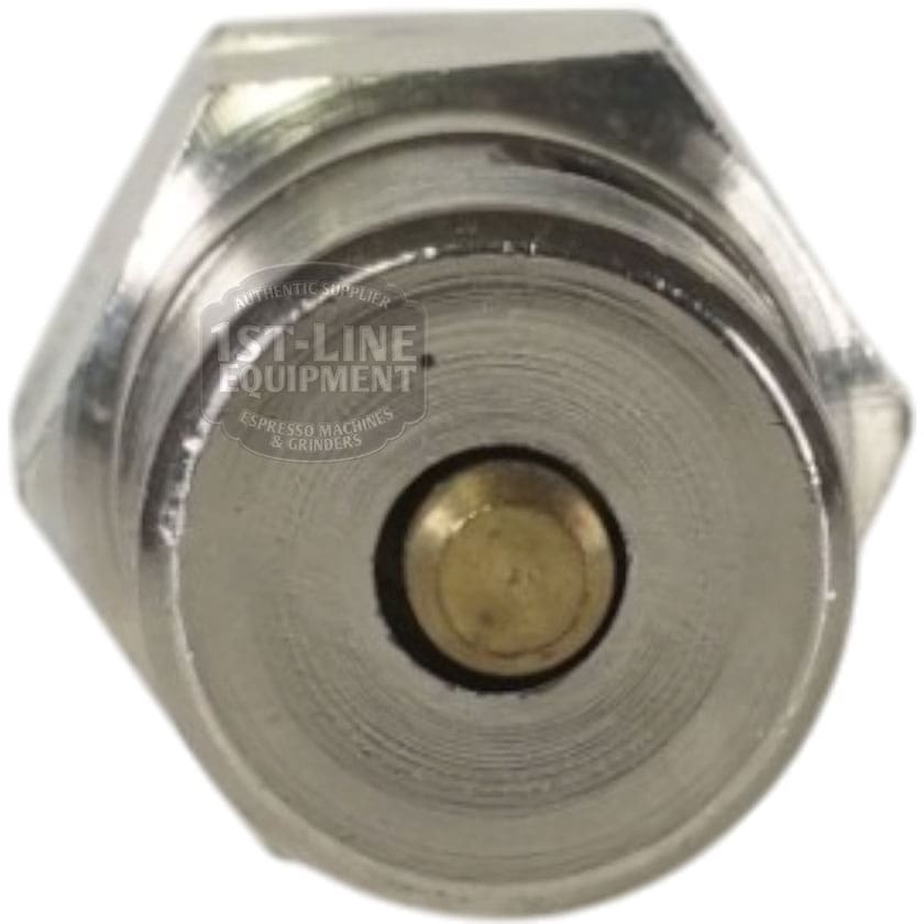 Close-up view of a shiny, reflective Olympia 04.0150.00.00 Chrome Complete Safety Valve with a circular brass center—used in espresso machines or grinders. © 2025 1st-line.com