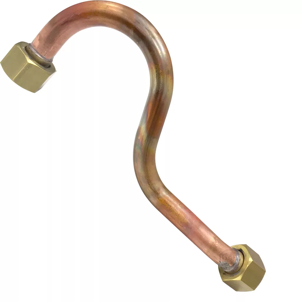 Elektra 03276011 Upper HX to Right Delivery Unit Pipe—S-shaped copper pipe with hexagonal brass fittings on both ends, designed for Elektra plumbing or mechanical connections, shown on a white background. © 2025 1st-line.com