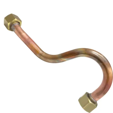 Elektra 03277011 Upper HX to Left Delivery Unit Pipe: curved copper pipe with brass hexagonal fittings at both ends, isolated on a white background. © 2025 1st-line.com