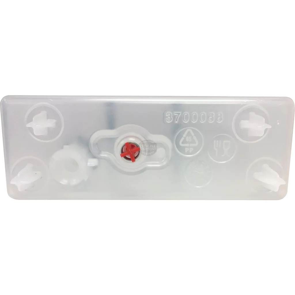 Rectangular translucent plastic cap with a central red valve, circular grooves, and molded symbols for recycling, food safety, and plastic type—designed for the discontinued Lelit 1000160 Upgraded Water Tank Assembly. © 2025 1st-line.com