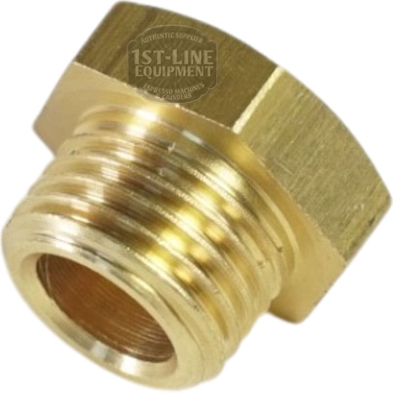 The 1st-Line 1/4 Cap/Plug is a brass fitting with male and female threads for connecting pipes of different sizes. The faint 1st-Line Equipment logo appears on the flat top, which can also be used as a cap in some setups. © 2025 1st-line.com