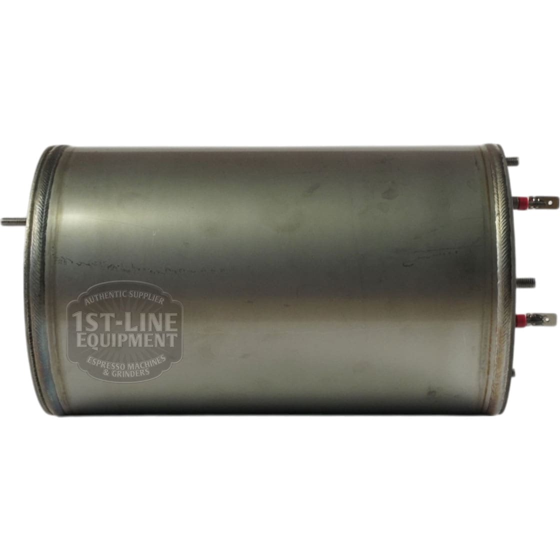The ACS MIN1007 110V Steam Boiler with Heating Element is a cylindrical metal unit with two small threaded pipe fittings and electrical connectors on one end, designed as a replacement part for espresso machines. © 2025 1st-line.com