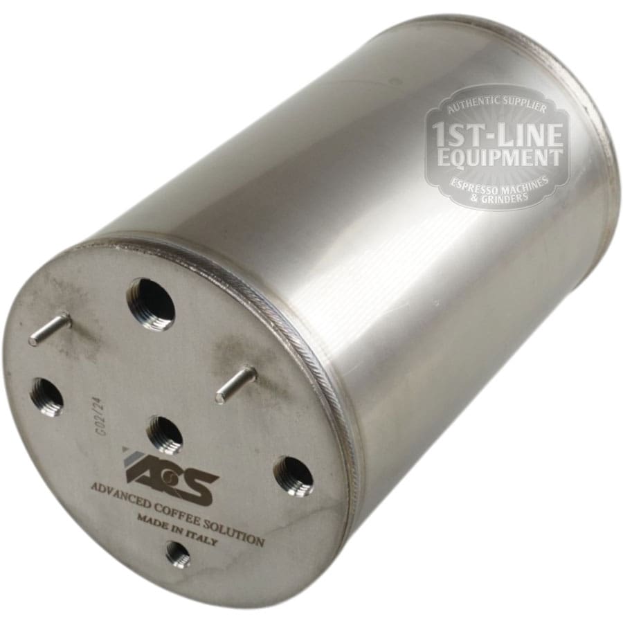 The ACS MIN1007 110V Steam Boiler with Heating Element is a cylindrical stainless steel unit featuring four threaded holes on one end, complete with the ACS Advanced Coffee Solution logo and Made in Italy text. © 2025 1st-line.com