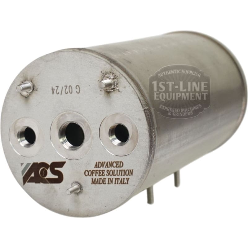 The ACS MIN1008 110V Coffee Boiler with Heating Element is a cylindrical metal unit with three circular ports, visible welding marks, and a faint 1st-Line Equipment watermark. It’s labeled “AQS Advanced Coffee Solution Made in Italy.”. © 2025 1st-line.com
