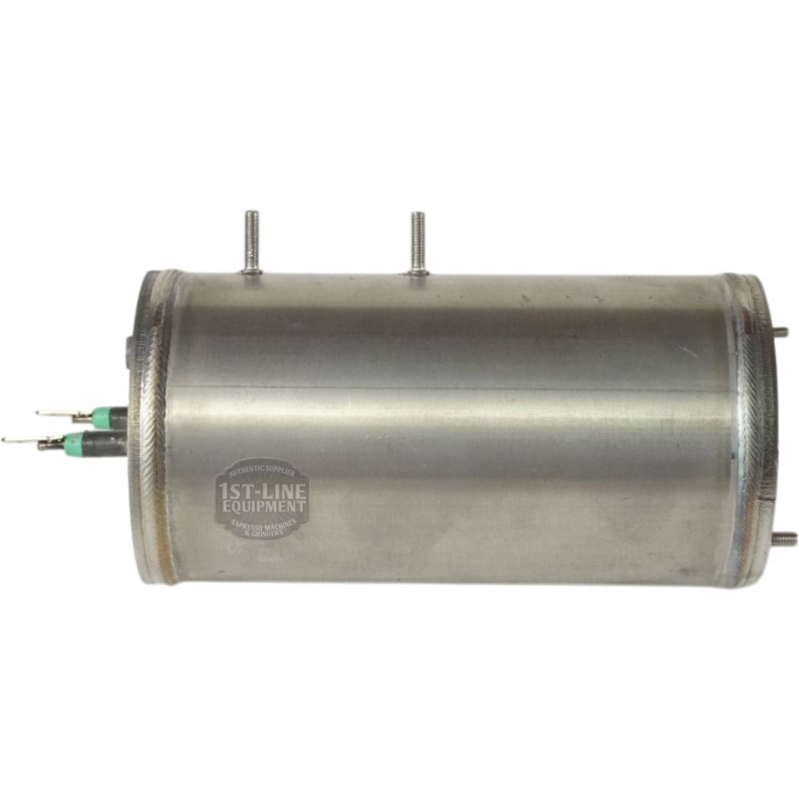 The ACS MIN1008 110V Coffee Boiler with Heating Element is a cylindrical stainless steel unit featuring electrical connectors and mounting studs, pictured lying horizontally on a white background. © 2025 1st-line.com