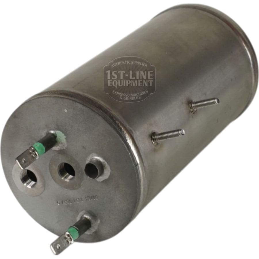 The ACS MIN1008 110V Coffee Boiler with Heating Element is a cylindrical stainless steel unit featuring multiple ports, screw terminals on one end, and two side mounting screws—ideal for espresso machines needing reliable heating. © 2025 1st-line.com