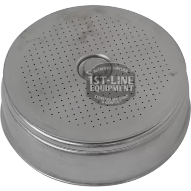 The ASCASO I.1601 DOUBLE GROUP FILTER/SHOWER SCREEN is a round metal espresso basket with small holes on its flat surface, designed for holding coffee grounds during brewing as a double group filter. © 2025 1st-line.com