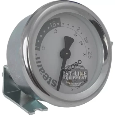 The Ascaso I.1622 2.5 BAR Gauge/Manometer for steam boiler pressure is a round metal gauge with a needle (shown at about 1.5 bar), PSI and Steam markings, mounted on a metal bracket with front logo and text partially visible. © 2025 1st-line.com