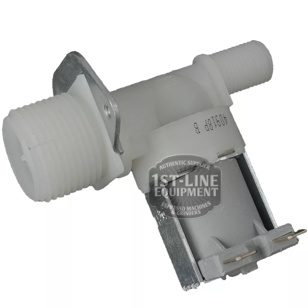 The Ascaso I.2313 inlet solenoid valve for Ascaso Bar espresso machines is a white plastic and metal valve with threaded connections, 110V operation, electrical connectors, and a mounting bracket for water flow control. © 2025 1st-line.com