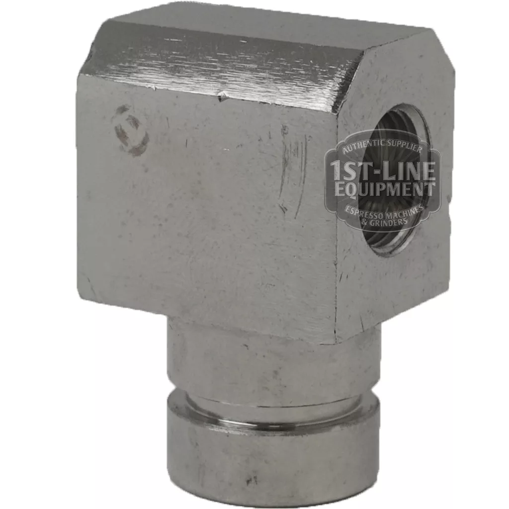 The Ascaso I.2906 Tap Body is a metal L-shaped espresso machine fitting with threaded holes on two sides and a shiny, slightly textured surface labeled 1st-Line Equipment. © 2025 1st-line.com