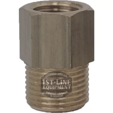 The ASCASO V..318 1/4 x 3/8m FITTING is a metal hexagonal threaded adapter with a male 1/4 x 3/8 thread at the bottom and a female opening on top, shown against a plain white background. © 2025 1st-line.com