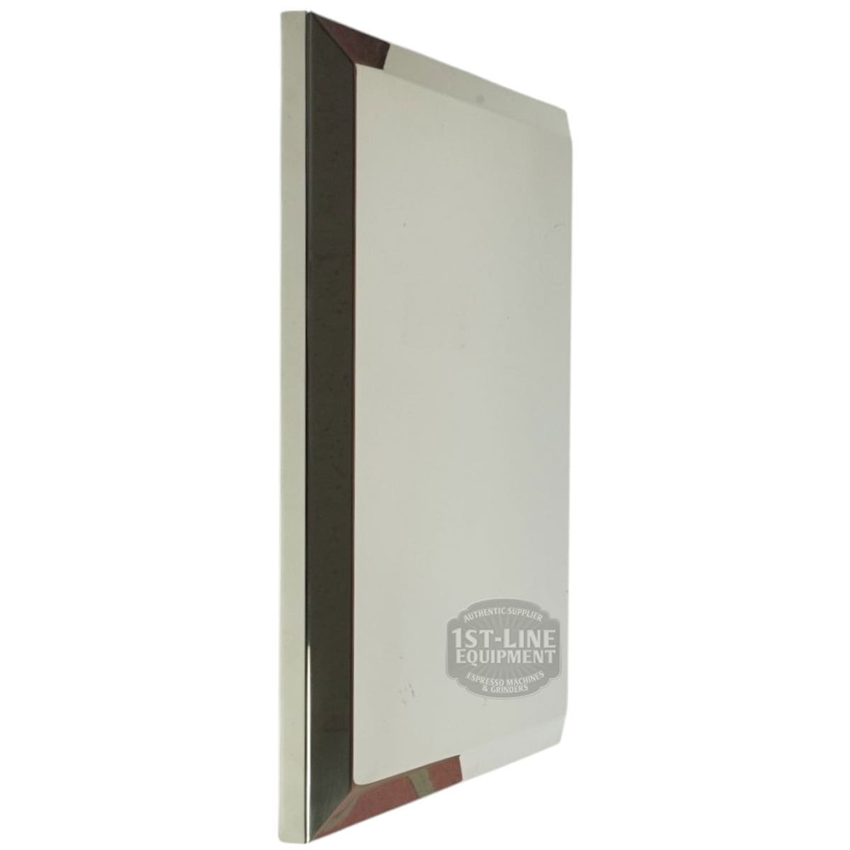 The Bezzera 5073640LL Stainless Steel Side Body Panel is a rectangular, angled-corner panel designed to fit over a coffee machine steam wand, shown from the side against a white background. © 2025 1st-line.com