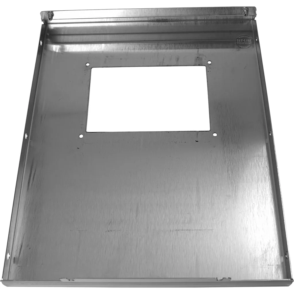 The Bezzera 5073641DL Rear Body Panel features a large central square cutout with four smaller mounting holes and a sleek brushed metallic finish. © 2025 1st-line.com