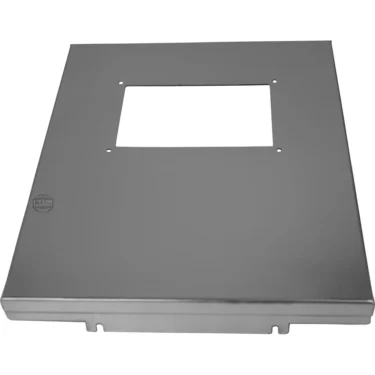 The Bezzera 5073641DL Rear Body Panel is a rectangular stainless steel part with a centered rectangular cutout and four small holes, one at each corner of the cutout, displayed against a white background. © 2025 1st-line.com