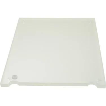 The Bezzera 5370920 Side Body Panel is a clear, square acrylic sheet with four rounded corner notches, shown lying flat on a white background. © 2025 1st-line.com