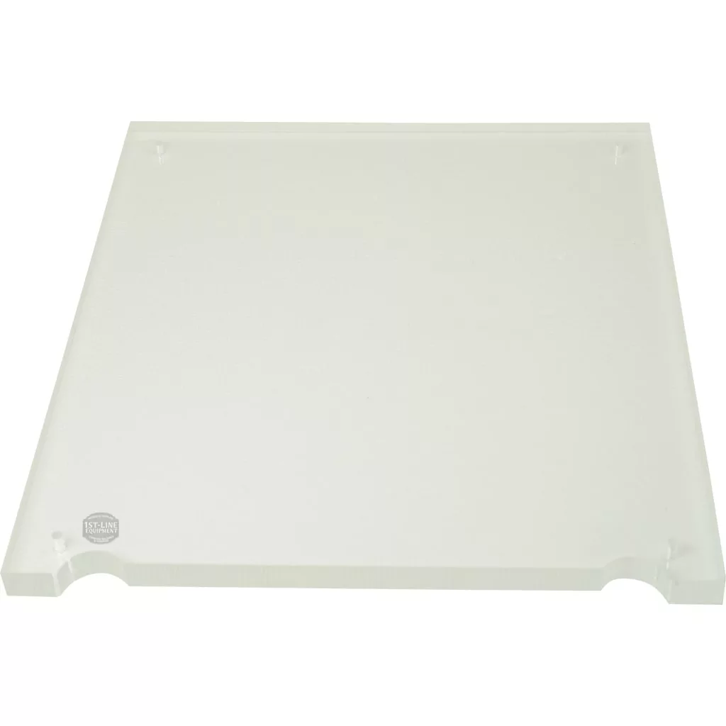 The Bezzera 5370920 Side Body Panel is a clear, square acrylic sheet with four rounded corner notches, shown lying flat on a white background. © 2025 1st-line.com