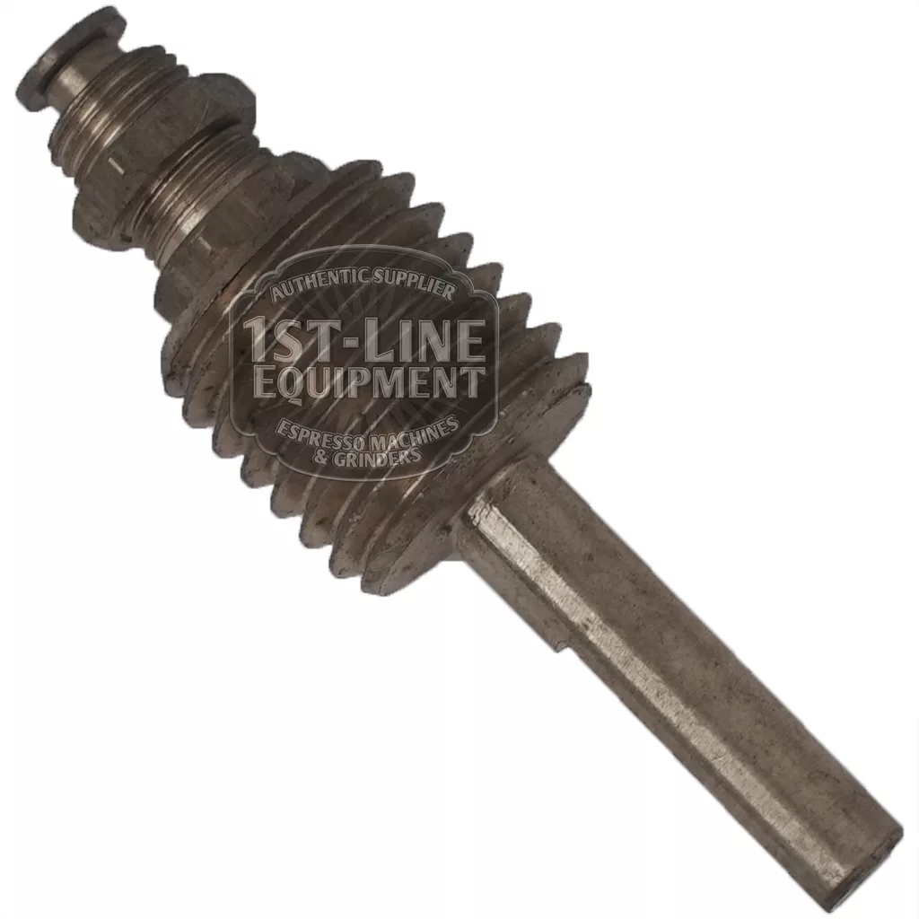 The C..200 TAP ROD WITHOUT VALVE is a metal worm gear tap rod with a threaded shaft and ridged spiral body, ideal as a replacement part for espresso machines or grinders. Shown on a white background. © 2025 1st-line.com