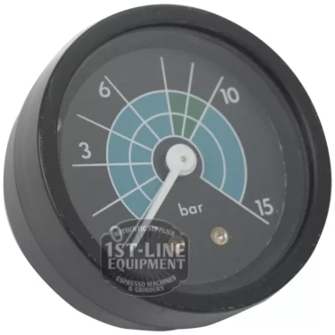 The C..245 15 BAR SINGLE SCALE PRESSURE GAUGE is a round gauge with a black frame, labeled 0–15 bar. It features blue and green segments on the face, a white needle, and the “1st-Line Equipment” logo at the bottom center. © 2025 1st-line.com