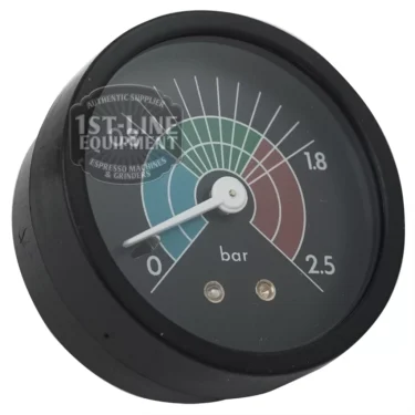The C..257 SINGLE SCALE STEAM PRESSURE GAUGE is round and black, shows 0–2.5 bar with green, blue, and red zones, a white needle at 0 bar, and “1st-Line Equipment” printed on the glass. © 2025 1st-line.com