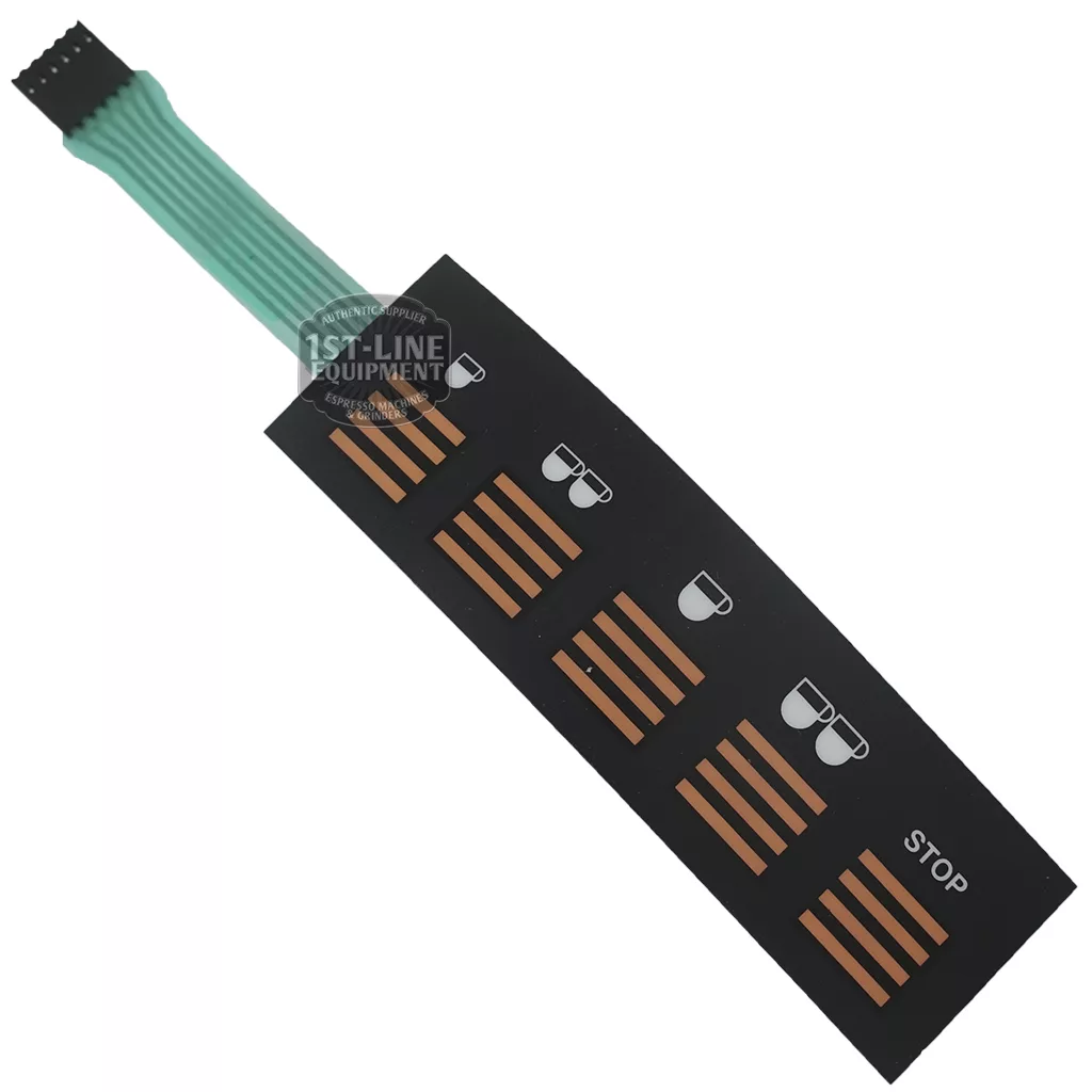 The C..264 M-20 FIVE BUTTON TOUCH PAD is a rectangular membrane keypad with orange conductive strips, coffee cup icons, a STOP label, and a green top-left ribbon cable connector for coffee machine control panels. © 2025 1st-line.com