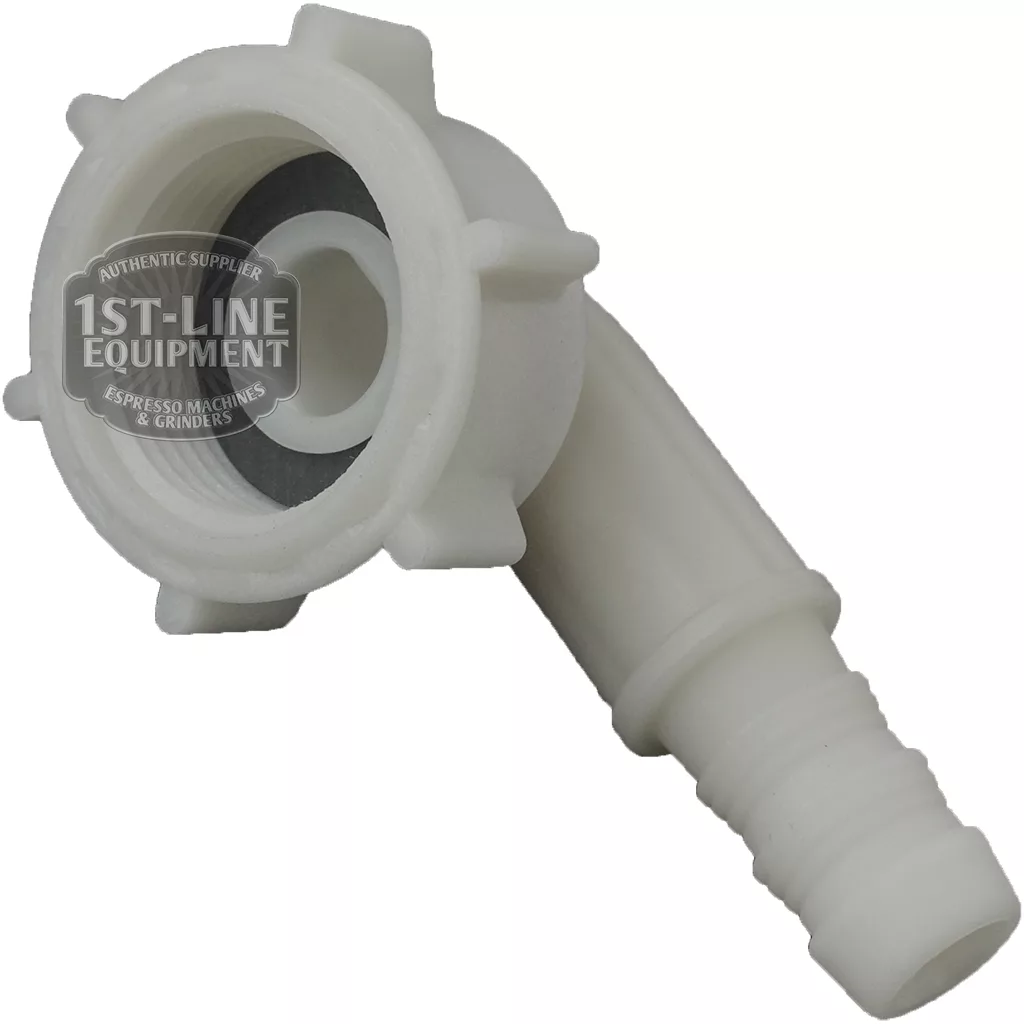 The C..420 DRAIN OUTLET ELBOW is a white plastic angled fitting with ridges and threads, labeled 1st-Line Equipment Authentic Supplier Espresso Machines & Grinders—ideal as a drain outlet elbow for the C420 and similar models. © 2025 1st-line.com