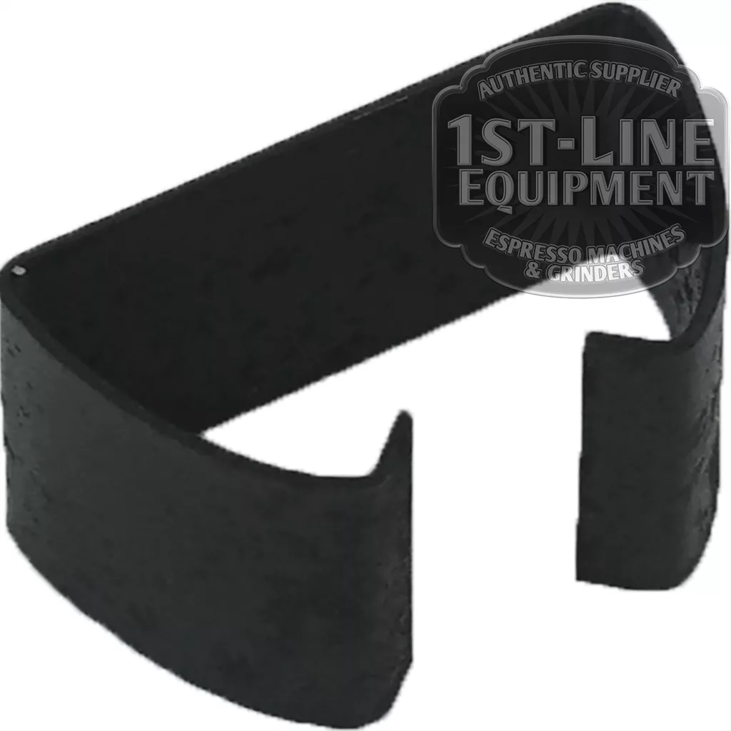 The C...43 M 15/20 STEAM HANDLE SPRING is a black, curved metal clip with an open end for espresso machines or grinders. The image includes a semi-transparent 1st-Line Equipment watermark in the upper right corner. © 2025 1st-line.com