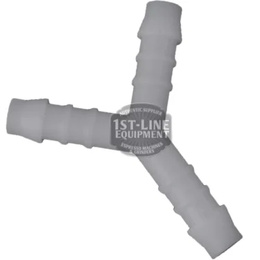 The C..455 Y-HOSE FITTING 8 mm is a white plastic connector with ribbed ends designed to join three flexible hoses, shown on a white background with 1st-Line Equipment branding. © 2025 1st-line.com