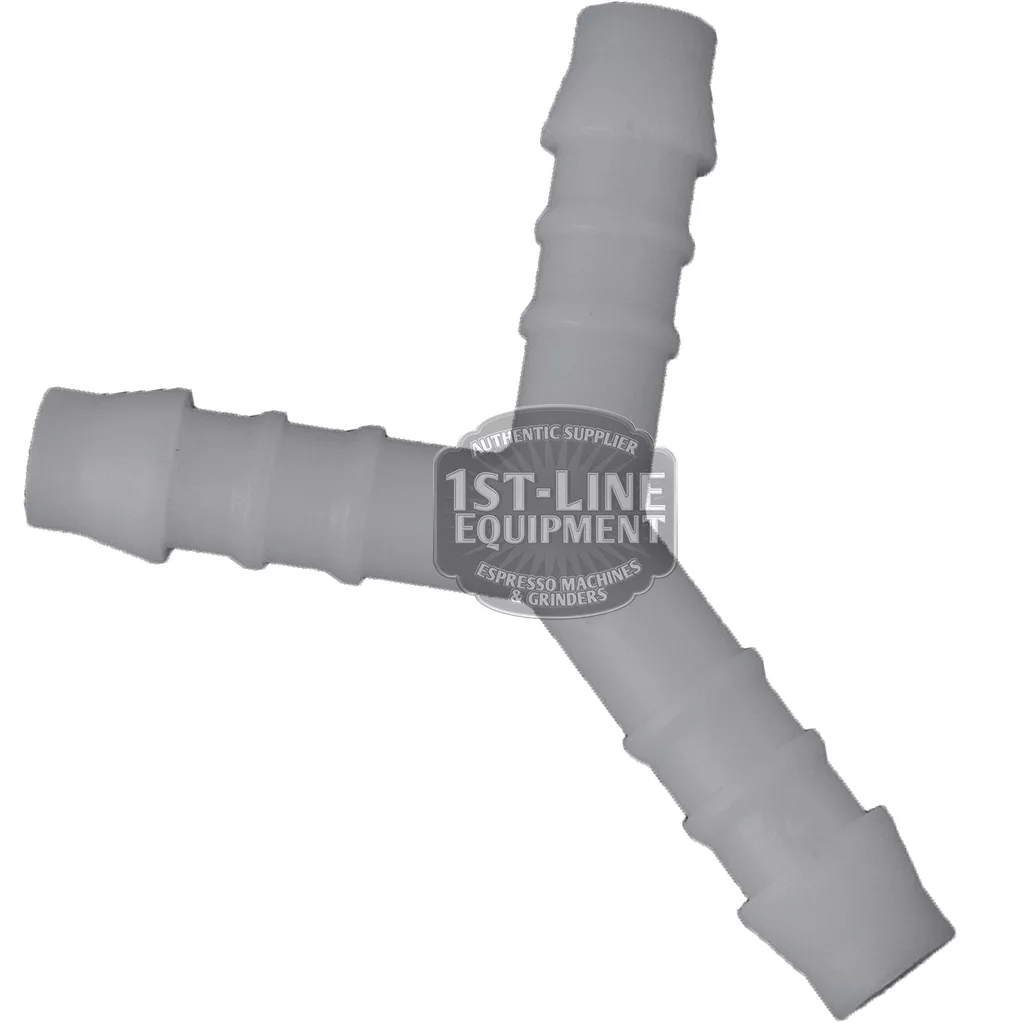 The C..455 Y-HOSE FITTING 8 mm is a white plastic connector with ribbed ends designed to join three flexible hoses, shown on a white background with 1st-Line Equipment branding. © 2025 1st-line.com