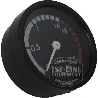 The C...48 SINGLE SCALE BOILER PRESSURE GAUGE is a black, round gauge with a 0–2 bar scale, white-marked needle at zero, and the 1st-Line Equipment Espresso Machines & Grinders logo partly covering the lower face. © 2025 1st-line.com
