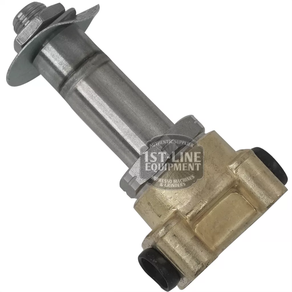 The C..487 1/8 LUCIFER GUIDE+BASE is a metallic espresso machine part with a cylindrical silver shaft, a flat washer and nut at one end, and a rectangular base with two black caps at the opposite end. © 2025 1st-line.com