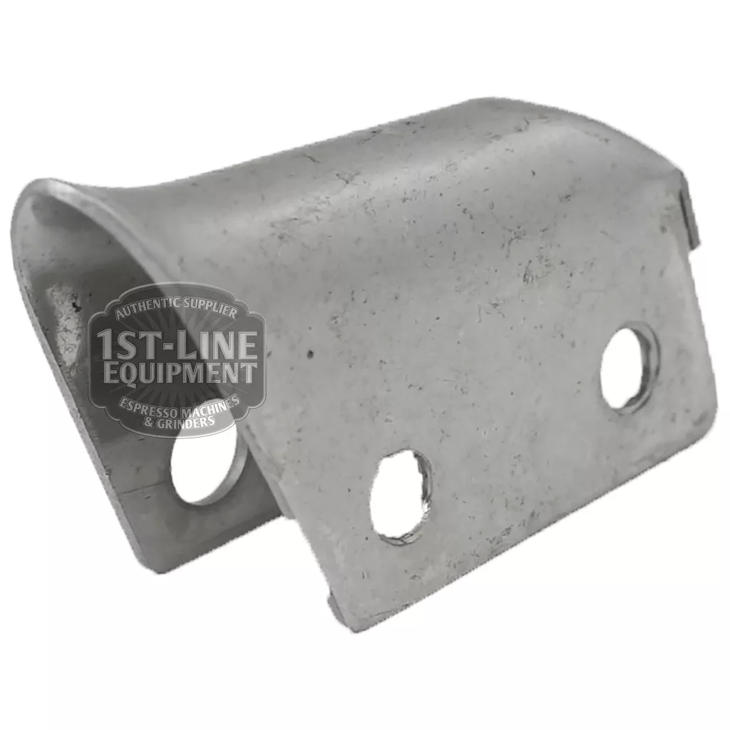 The C...64 1 COFFEE SPOUT STAINLESS STEEL is a stainless steel bracket with a curved top and two screw holes, shown on white. The slightly worn surface features a 1st-Line Equipment watermark—ideal as a coffee spout component. © 2025 1st-line.com