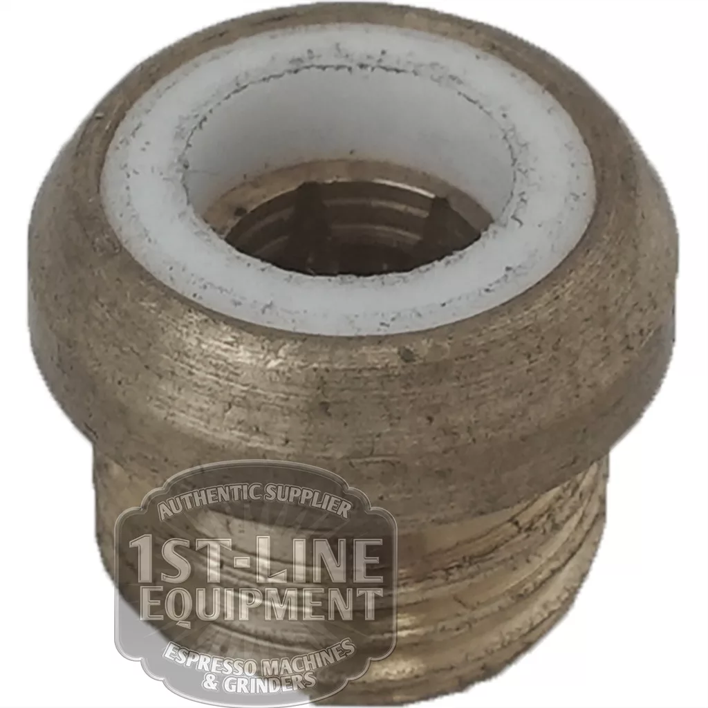 The C....8 PTFE HOLDER is a brass adapter fitting with a white PTFE inner ring, external threading, and the 1st-line Equipment logo watermark at the bottom. © 2025 1st-line.com