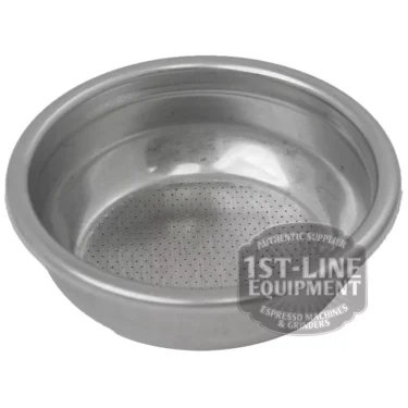 The Cimbali 6GR 1 CUP FILTER BASKET is a stainless steel filter basket with fine holes on the bottom, designed for holding ground coffee in espresso machines. The 1st-Line Equipment logo appears on the lower right side. © 2025 1st-line.com