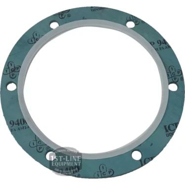 The CIMBALI ALIMENTARY/PTFE COMPLETE BOILER GASKET is a circular green PTFE gasket with a white inner ring, five evenly spaced bolt holes, and alimentary-grade printed text and logos on its surface. © 2025 1st-line.com