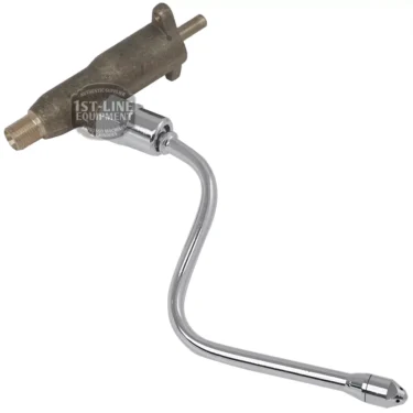 The Cimbali C..117 M-20/M-27 STEAM TAP Wand Tip is a metal automotive part with a dark cylindrical body, threaded end, and a shiny curved chrome lever arm ending in a smaller rounded tip, shown on a white background. © 2025 1st-line.com