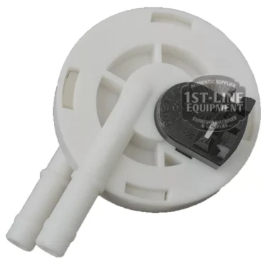 The DIGMESA I.2560 Flowmeter, labeled for Ascaso Bar 110 volts, is a white plastic circular part with two protruding tubes and a black top component—spare part compatible with espresso machines like the Ascaso Bar. © 2025 1st-line.com