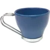 The DISCONTINUED 1st-line 0410BL Blue Modern Espresso Cup features a blue ceramic design with a silver metal base and matching handle, shown on a white background. © 2025 1st-line.com
