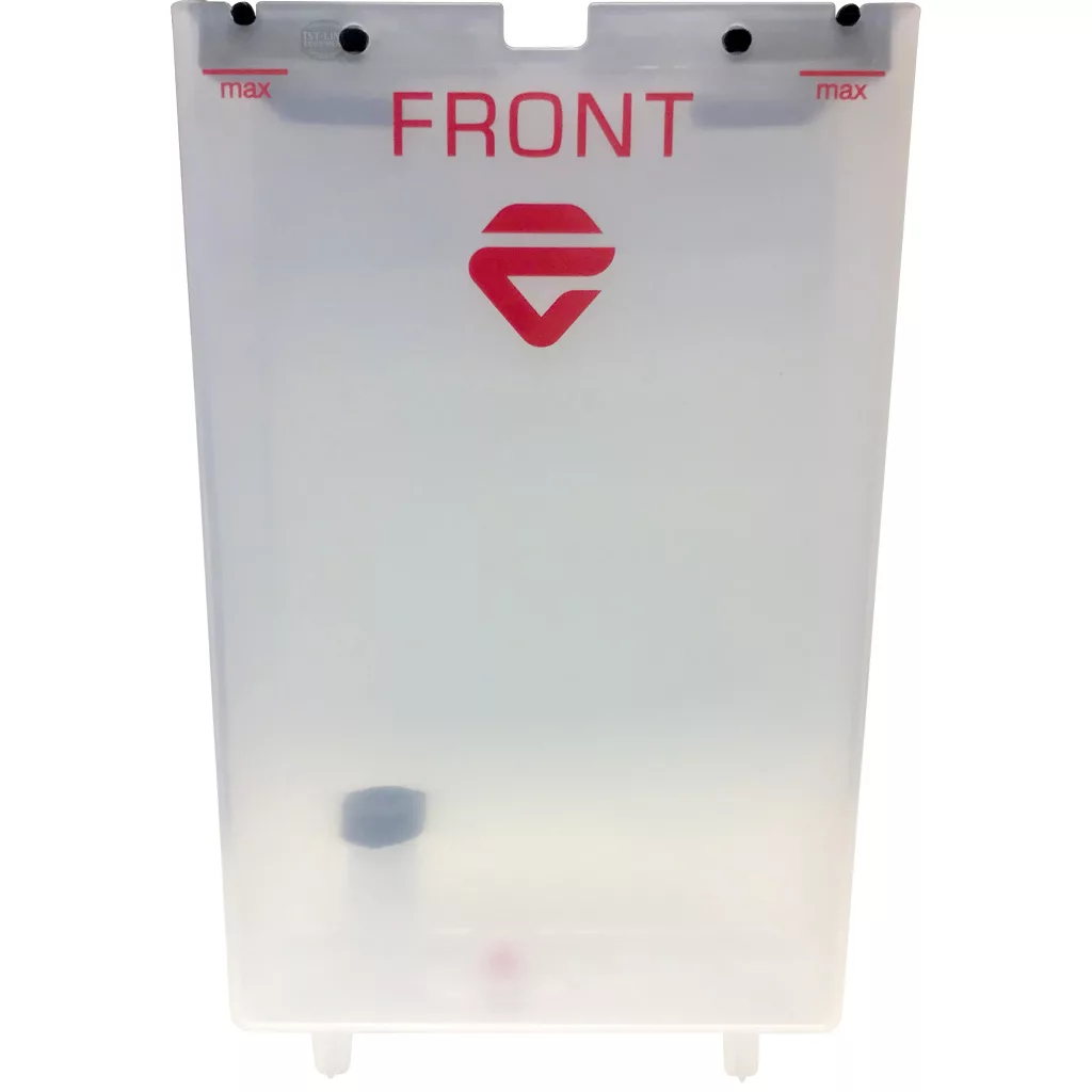 The DISCONTINUED Lelit 1000160 Upgraded Water Tank Assembly is a translucent plastic tank labeled FRONT in red, with max markers on top corners, a red logo below, and a black cap visible inside at the bottom left. © 2025 1st-line.com