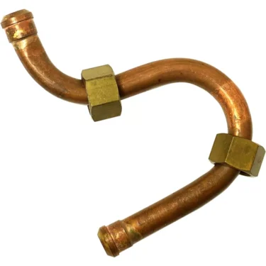 The Elektra 02702011 Upper HX to Right/Left Group Pipe is a bent copper pipe with two brass fittings, forming an irregular loop. It serves as an Upper HX replacement for Elektra 02702011 espresso machines. © 2025 1st-line.com