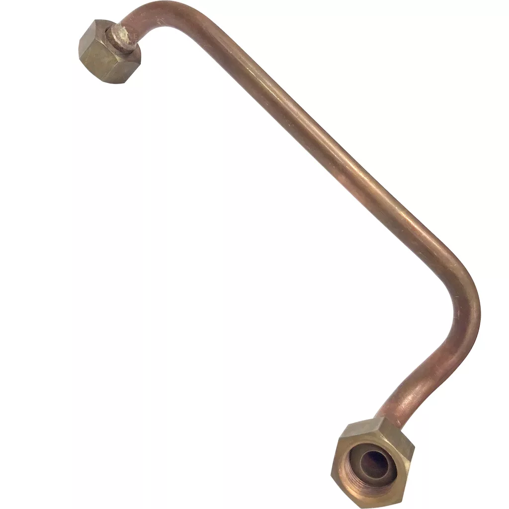 The Elektra 05115011 Lower HX to Left Delivery Unit Pipe features two angled bends and hexagonal brass fittings on both ends, making it ideal for plumbing or gas connections. The pipe is displayed against a white background. © 2025 1st-line.com