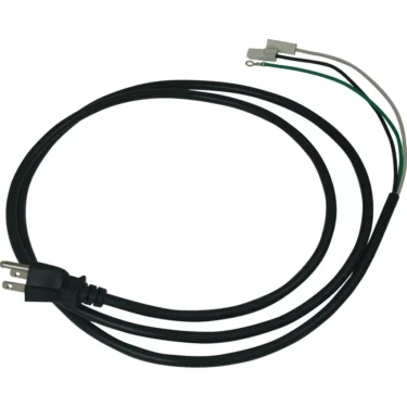 The Eureka 1005.0110 110V Plug is a black power cord with a standard plug and three stripped wires—white, green, and black—each featuring metal connectors for easy installation. © 2025 1st-line.com