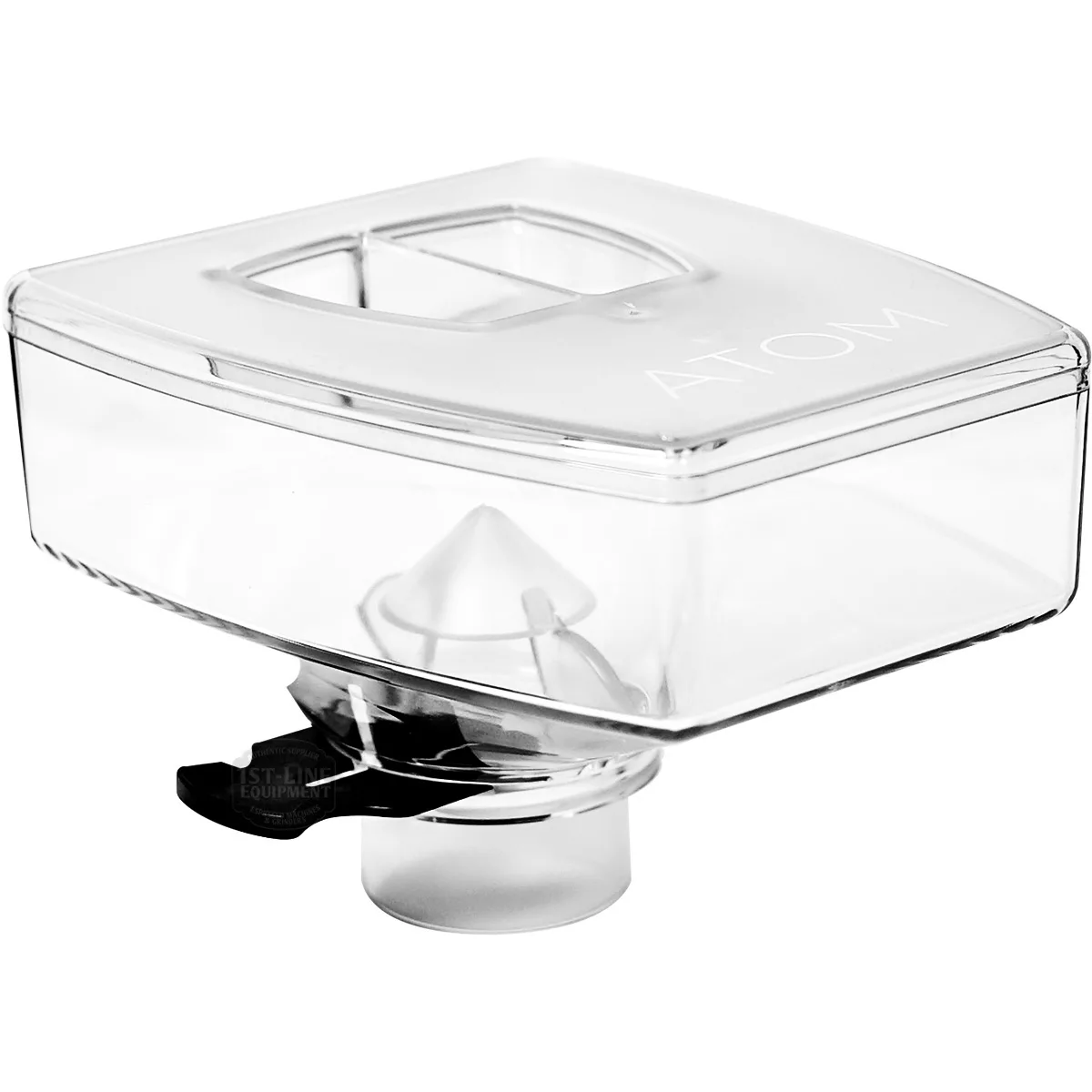 The Eureka 2580.1000 Short Bean Hopper is a transparent, rectangular container with a built-in lid and spout, designed to fit on top of coffee grinders for holding coffee beans. © 2025 1st-line.com