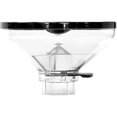 The Eureka 5215.0000 Short Bean Hopper Assembly is a clear plastic hopper with a black lid, bottom spout, and side lever for easy coffee bean dispensing; its an ideal replacement for compatible machines. © 2025 1st-line.com