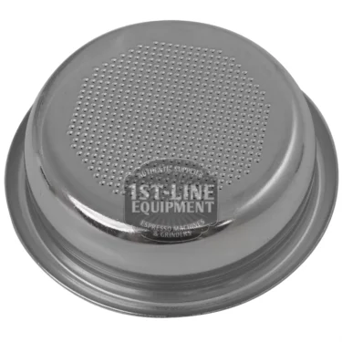 The I.1605 ASCASO DOUBLE PORTAFILTER BASKET is made of stainless steel, features a perforated bottom, and displays the 1st Line Equipment logo in the center. © 2025 1st-line.com