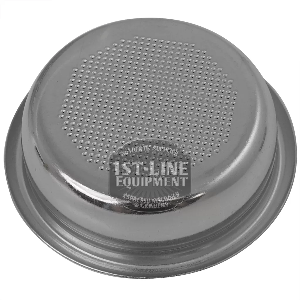 The I.1605 ASCASO DOUBLE PORTAFILTER BASKET is made of stainless steel, features a perforated bottom, and displays the 1st Line Equipment logo in the center. © 2025 1st-line.com