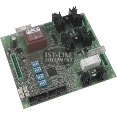 The I.3474 220 Volt Brain Unit for Bar Kap Machines is shown angled on a white background, featuring a green electronic circuit board with black heat sinks, blue DIP switches, and connectors. © 2025 1st-line.com
