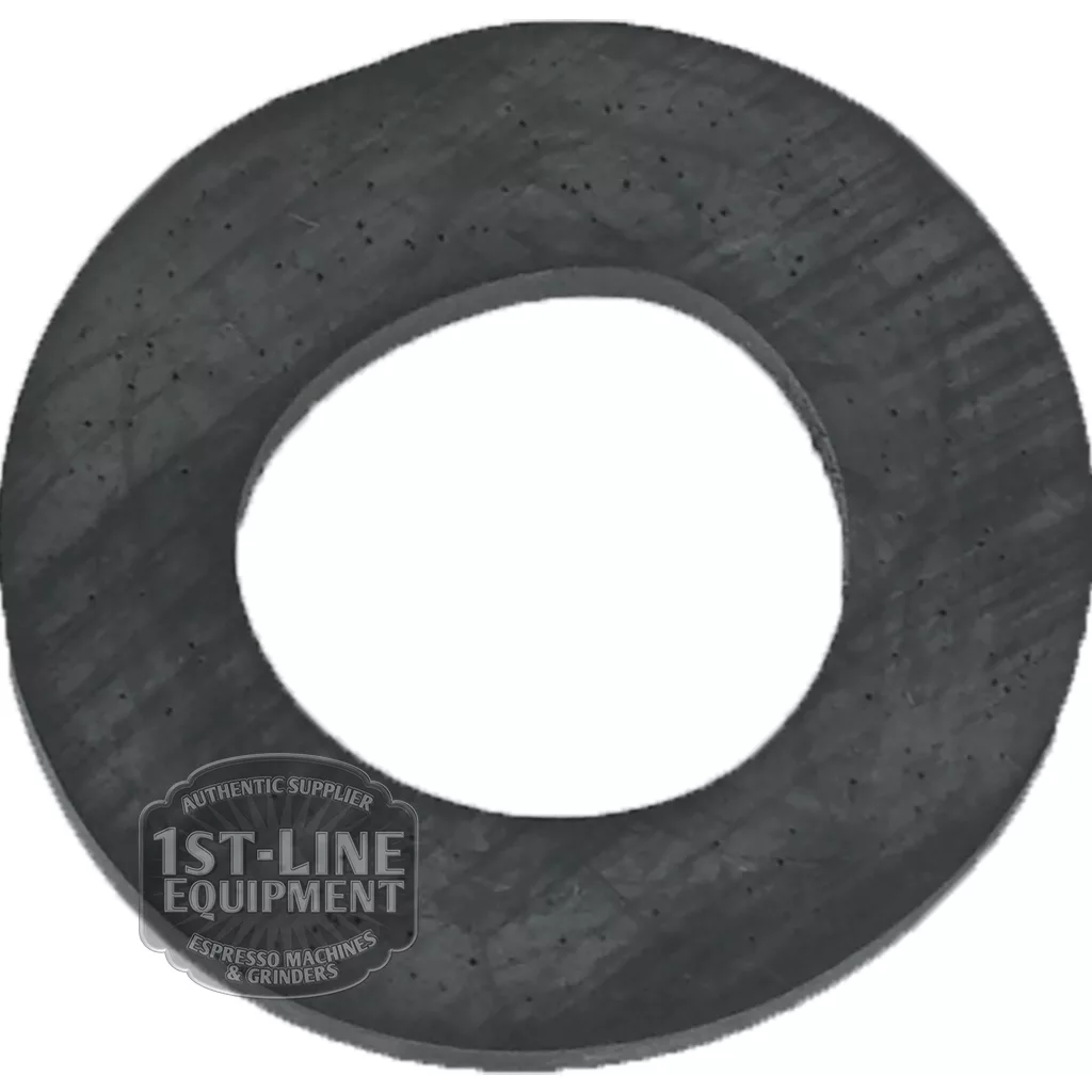 The I.3875 Rubber Gasket 3/4 Inlet Hose for Ascaso Bar 110 Volts is a black, circular rubber gasket with a central hole, shown on a white background with the 1st-Line Equipment logo in the bottom left corner. © 2025 1st-line.com
