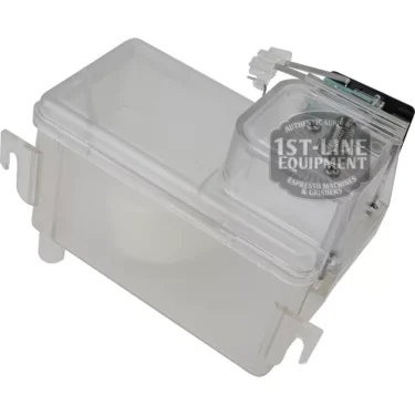The I..987 Internal Refill Reservoir with Float for Ascaso Bar 110 Volts is a clear plastic water tank with side latches and a top float, labeled 1st-Line Equipment, designed for espresso machines like the Ascaso Bar. © 2025 1st-line.com
