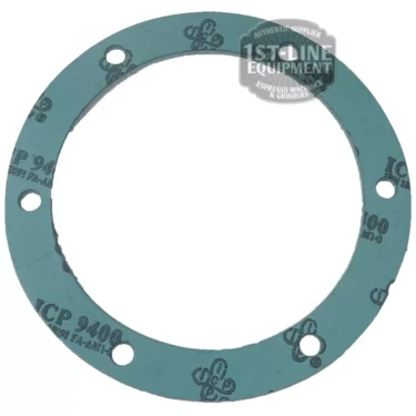 The image shows a circular green Cimbali ALIMENTARY BOILER GASKET with six bolt holes and ICP 9400 markings, suitable for Cimbali espresso machines. Watermarked: 1st Line Equipment Espresso Machines & Grinders. © 2025 1st-line.com