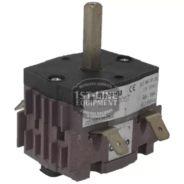 The La Cimbali 2 POSITION 16A GROUP SWITCH is a square black and purple rotary switch with a central metal shaft and four connectors, labeled and marked on the sides, designed for espresso machines and grinders. © 2025 1st-line.com
